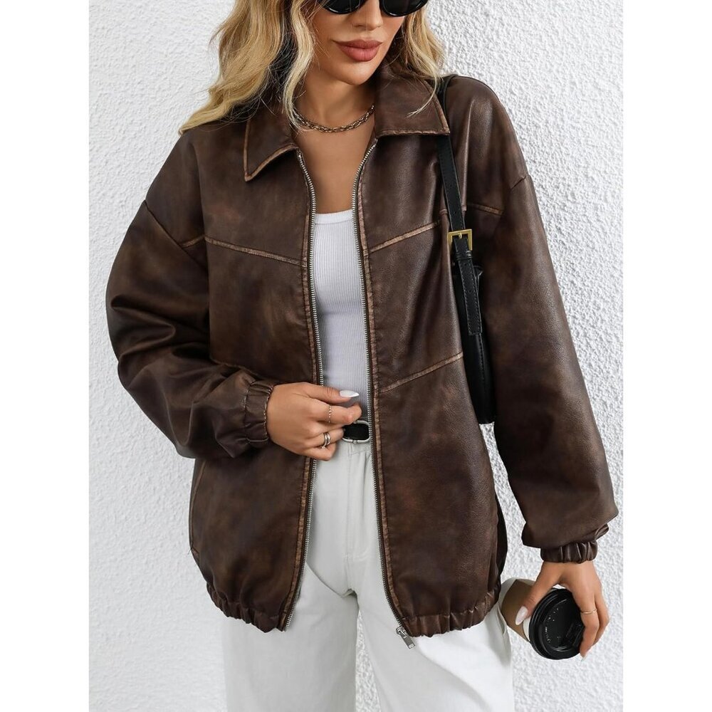 Women's Brown 2 Faux Leather Lapel Collar Zip Up Long Sleeve Short Coat Jacket - Picture 4 of 7